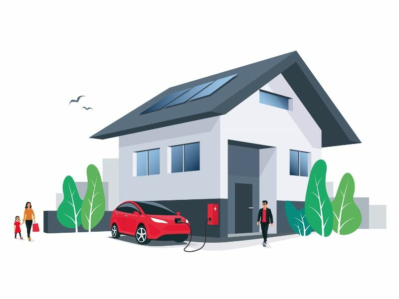 Die Grafik zeigt ein Haus mit einer Familie und einer Photovoltaikanlage. Ein E-Auto wird am Haus geladen.